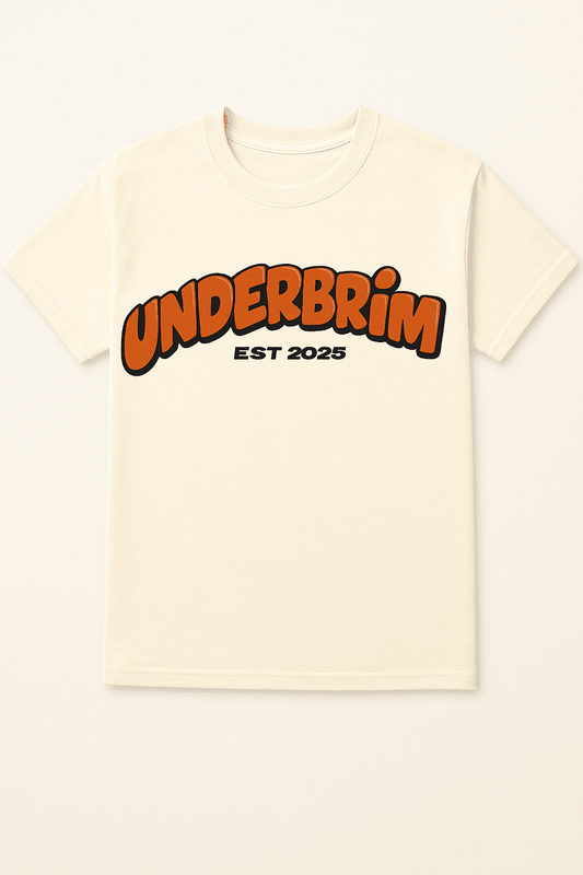 Underbrim est 2025 cream  T shirt with bold orange with black 