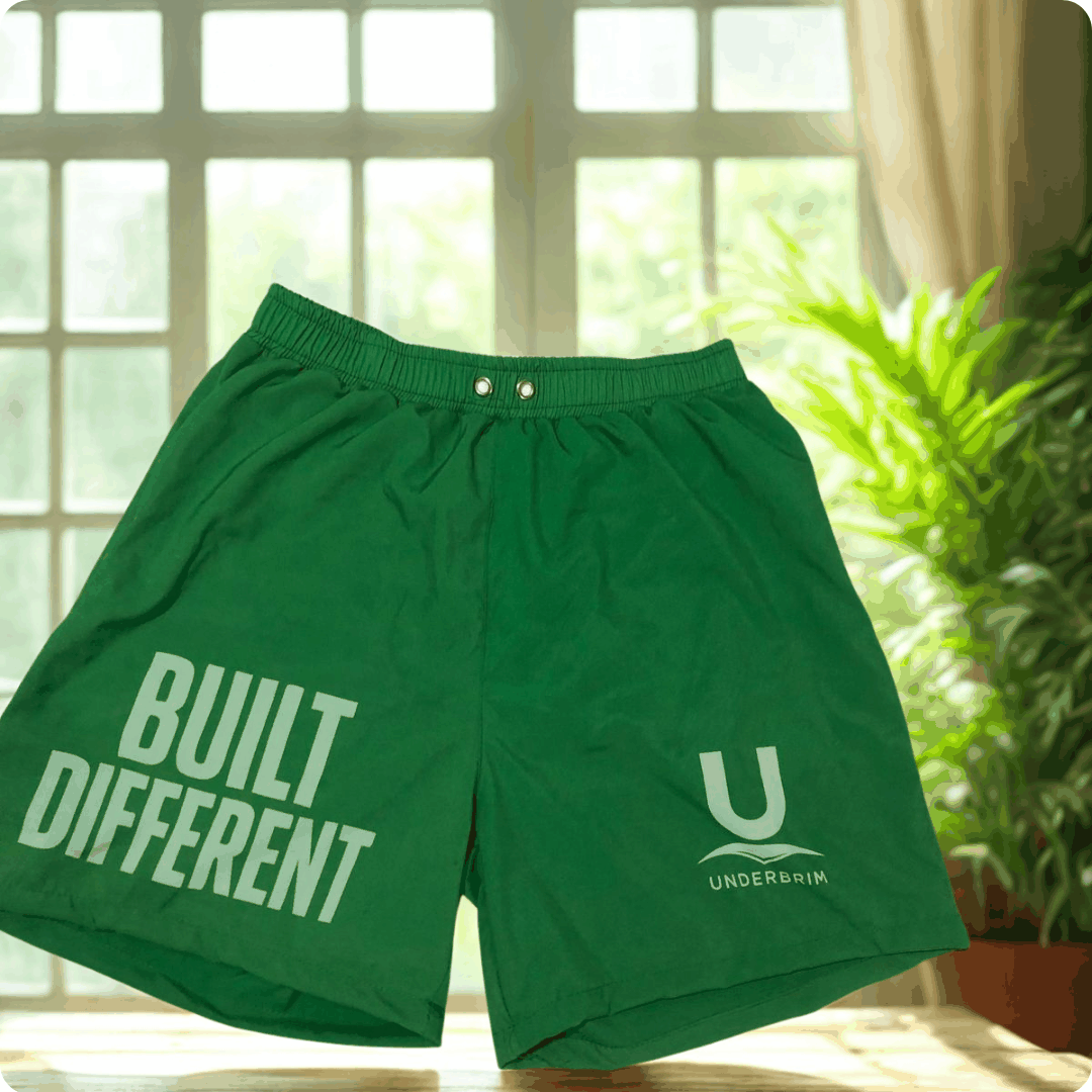 Green Underbrim Built Different performance shorts featuring bold Built Different text and Underbrim logo.